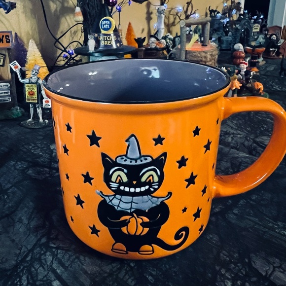 Halloween Stoneware Grinning Black Cat Camper Mug Stars Hat Pumpkin - Picture 7 of 7